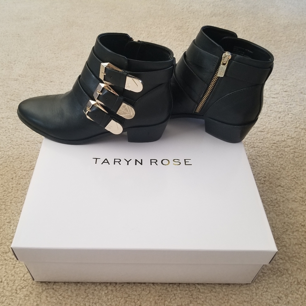 Taryn Rose Black Leather Buckle Ankle Boots Sz 6